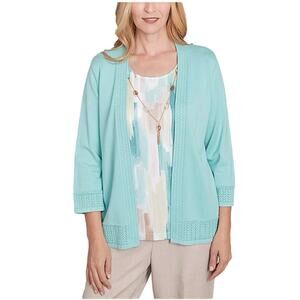 Alfred Dunner Womens Two in One Cardigan Size XL Petite Aqua Blue 3/4 Sleeve